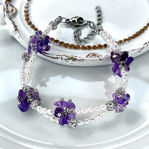 Handmade Freshwater Baby Pearl Amethyst Braided Crystal Adjustable Bracelet